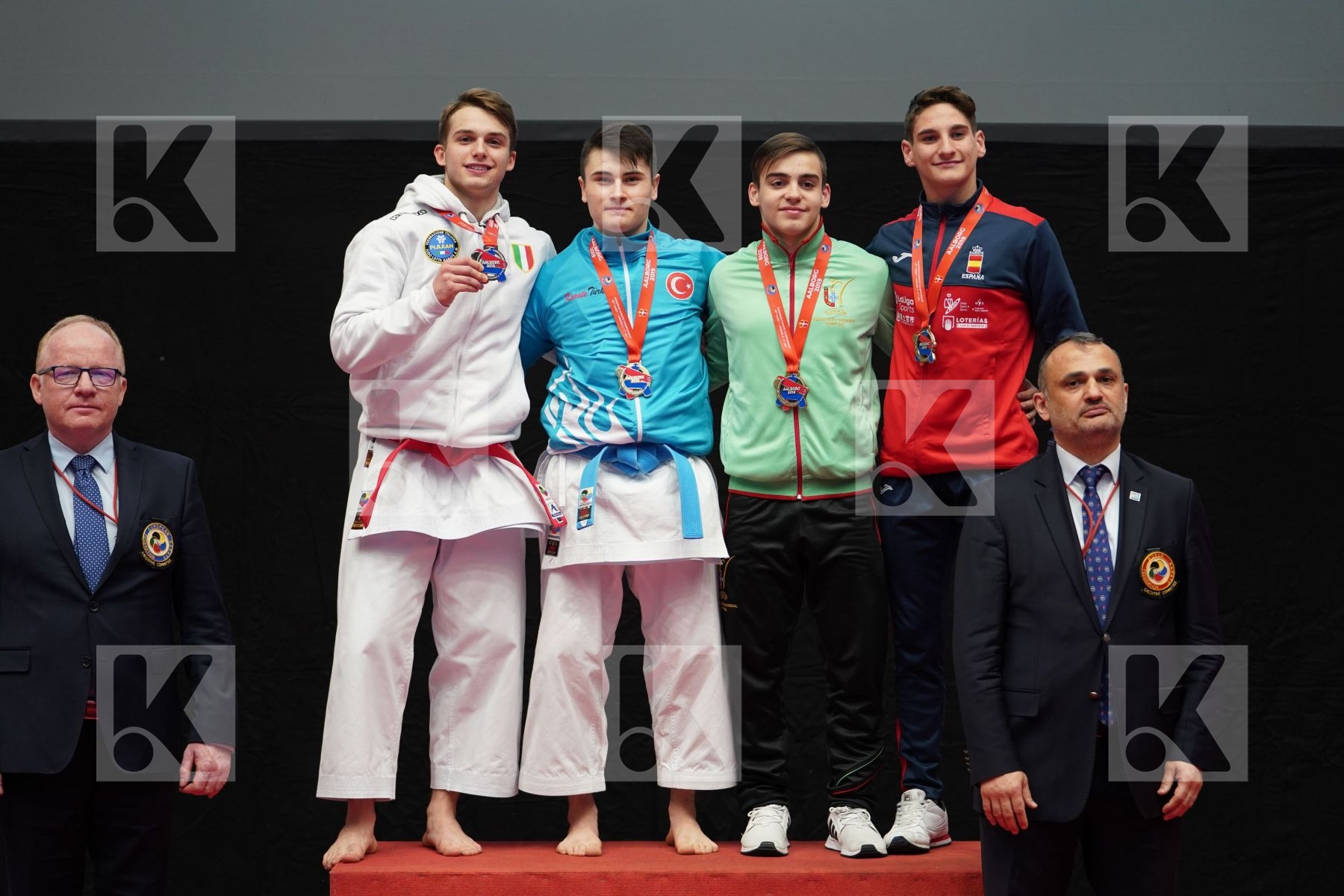 CRICCO ALESSANDRO (ITALY), OZDEMIR ENES (TURKEY), CARVALHO PEDRO (PORTUGAL), MARTIN ROMERO RAUL (SPAIN) in Junior Kata Male - podium