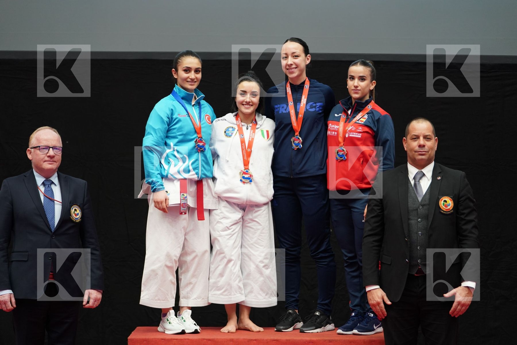 KOC ARZU FIRDEVS (TURKEY), CASALE CAROLA (ITALY), FERACCI LAETITIA (FRANCE), ROY RUBIO RAQUEL (SPAIN) in Under 21 Kata Female - podium