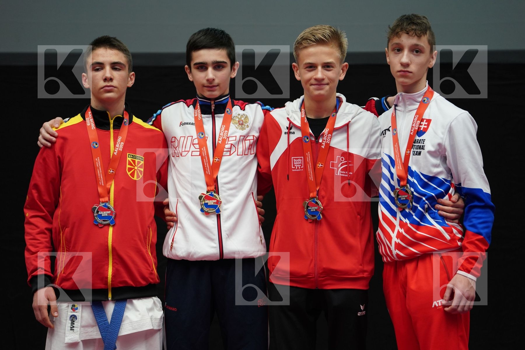 AKHMEDOV AKHMED (RUSSIAN FEDERATION), KOSTOV BOJAN (FYR OF MACEDONIA), CERNICKY JAKUB (SLOVAKIA), SCHEUER TIM (SWITZERLAND) in Cadet Kumite Male -52 Kg - podium
