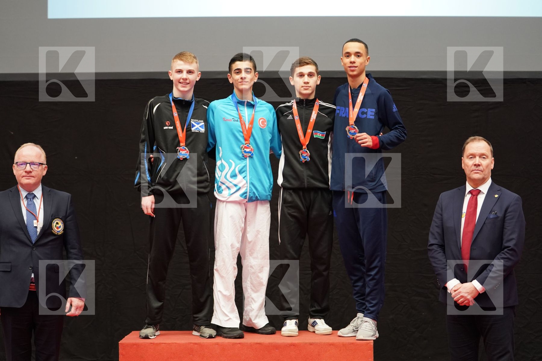 SMART JACOB (SCOTLAND), YURUR OMER FARUK (TURKEY), DE BARROS DAMIEN (FRANCE), MAMMADLI HUSEYN (AZERBAIJAN) in Cadet Kumite Male Ð 57 Kg - podium