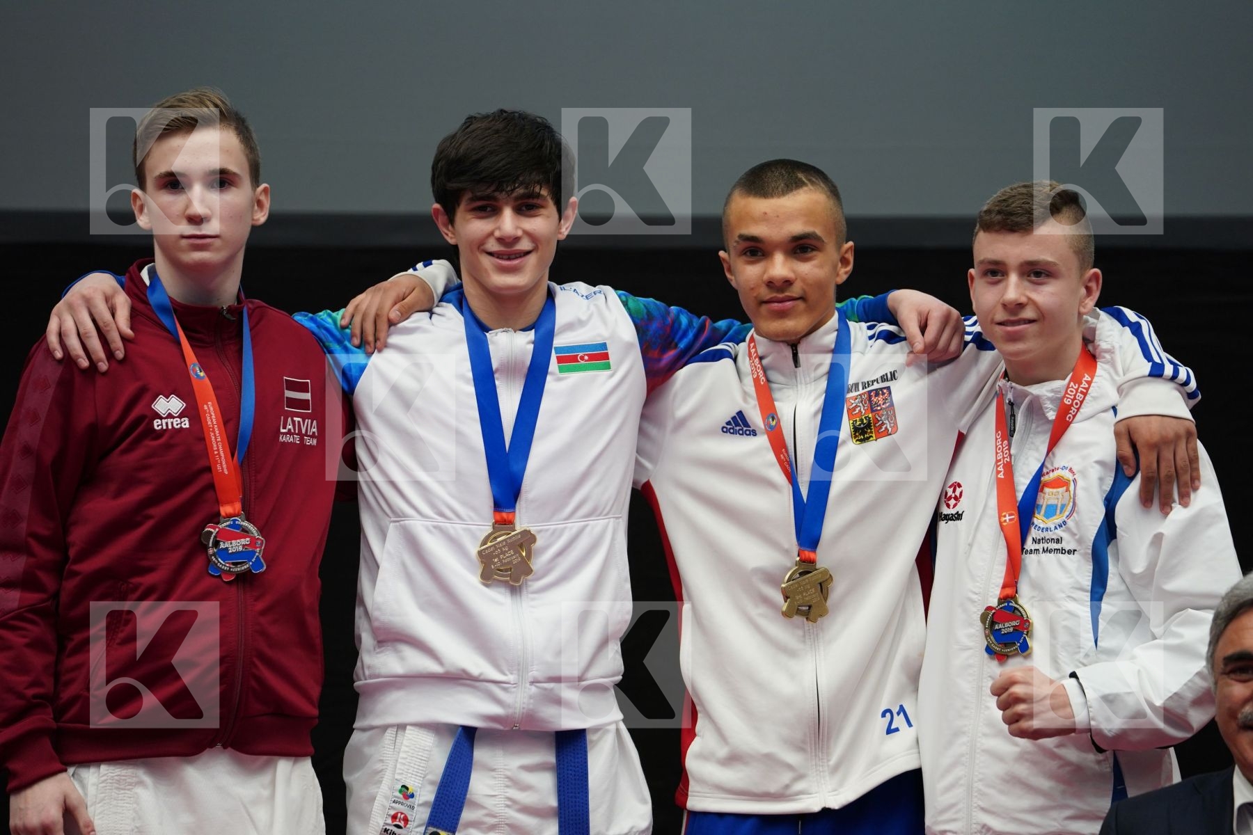 GAIDUK LEON (LATVIA), YAGUBOV TALE (AZERBAIJAN), PHILLIPEN GINO (NETHERLANDS), KOCANDRLE DOMINIK (CZECH REPUBLIC) in Cadet Kumite Male Ð 63 Kg - podium