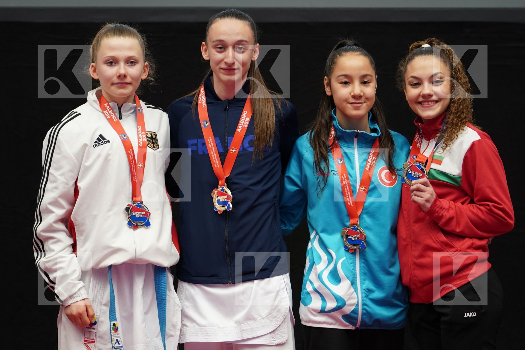 SOULIER MARGOT (FRANCE), STEIN RENEE (GERMANY), TSVETANOVA KRISTINA (BULGARIA), OZDEMIR MUSERREF (TURKEY) in Cadet Kumite Female -47 Kg - podium