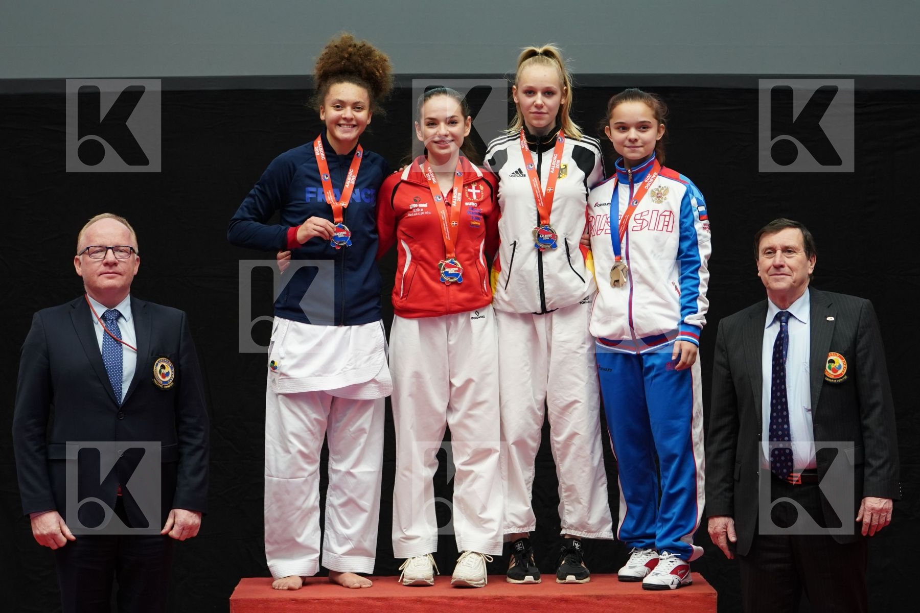 BATAKUJEVIC ERIKA (DENMARK), ELISABETH EMMA MARIE (FRANCE), VARVARA GOLOVINA (RUSSIAN FEDERATION), BITSCH MIA (GERMANY) in Cadet Kumite Female -54 Kg - podium