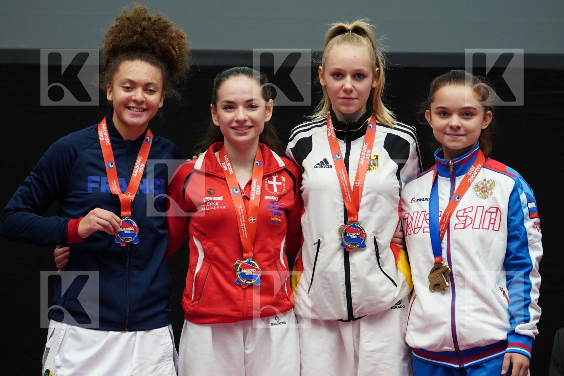BATAKUJEVIC ERIKA (DENMARK), ELISABETH EMMA MARIE (FRANCE), VARVARA GOLOVINA (RUSSIAN FEDERATION), BITSCH MIA (GERMANY) in Cadet Kumite Female -54 Kg - podium