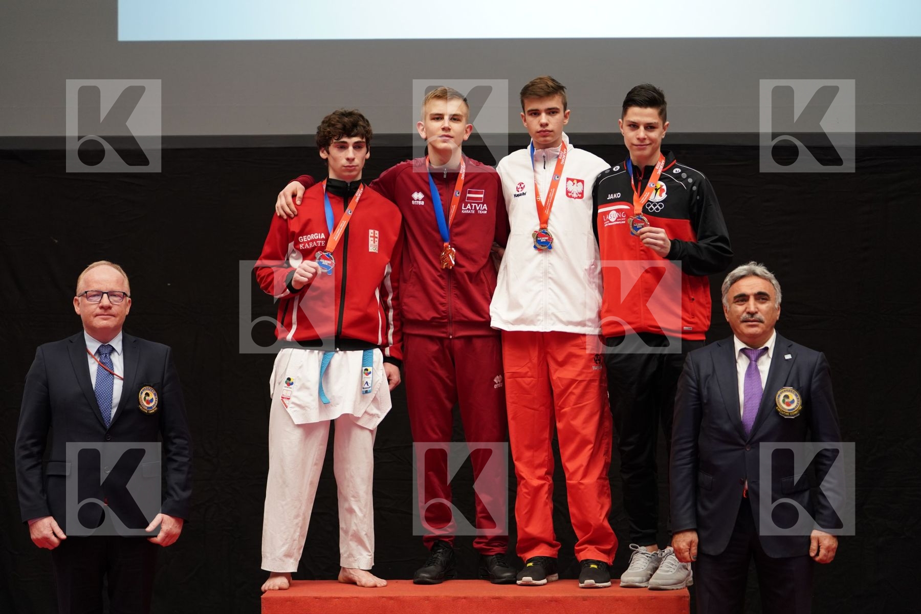 JERMOLAEV ARTJOM (LATVIA), MANIA SABA (GEORGIA), ANISIMOV DANYIL (BELGIUM), JAROCKI HUBERT (POLAND) in Cadet Kumite Male Ð 70 Kg - podium
