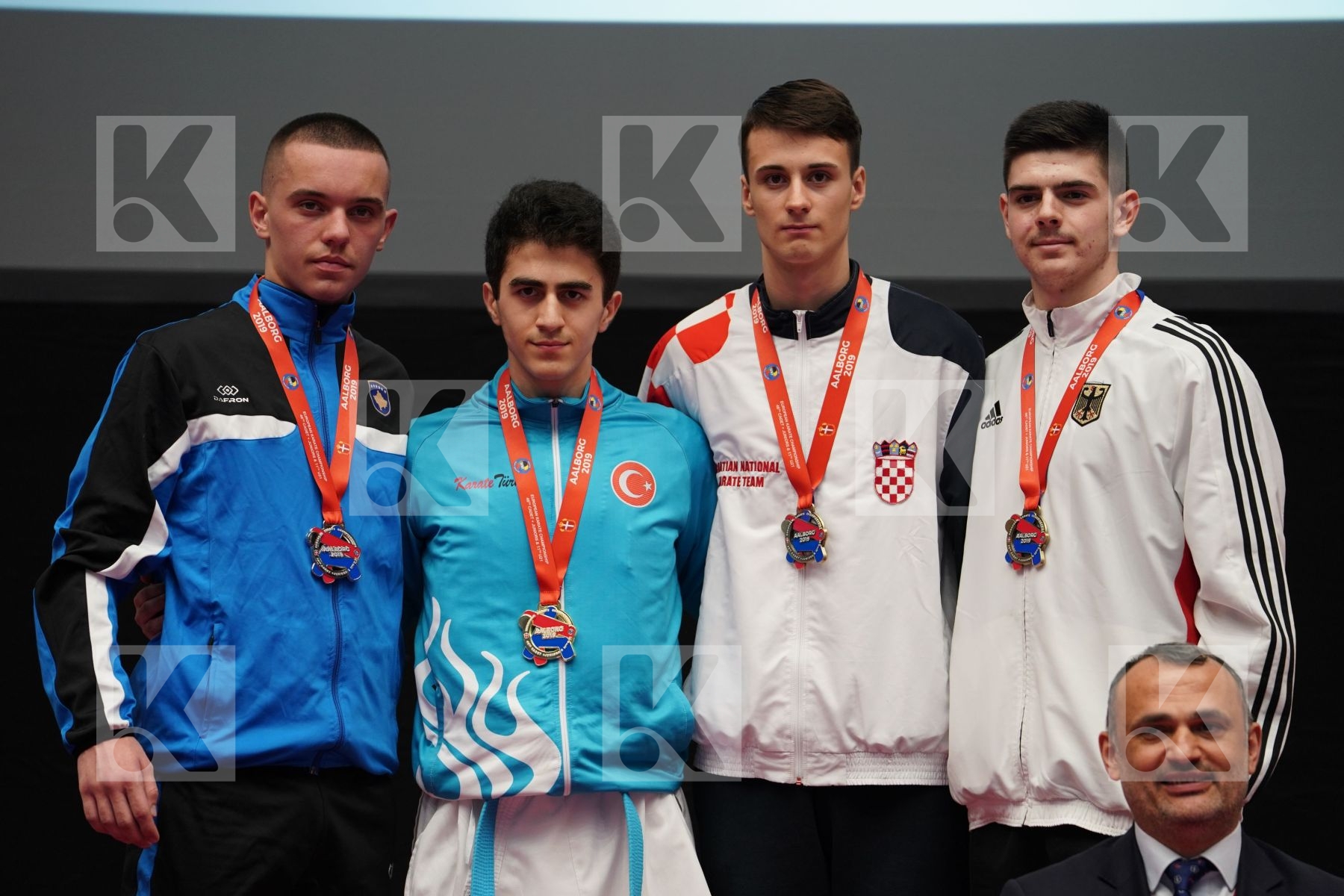 GASHI MELOS (KOSOVO), BULUT AHMET (TURKEY), PAPASTERGIOS KONSTANTINOS (GERMANY), CIPRIC LUKA STEFANO (CROATIA) in Cadet Kumite Male 70+ Kg - podium