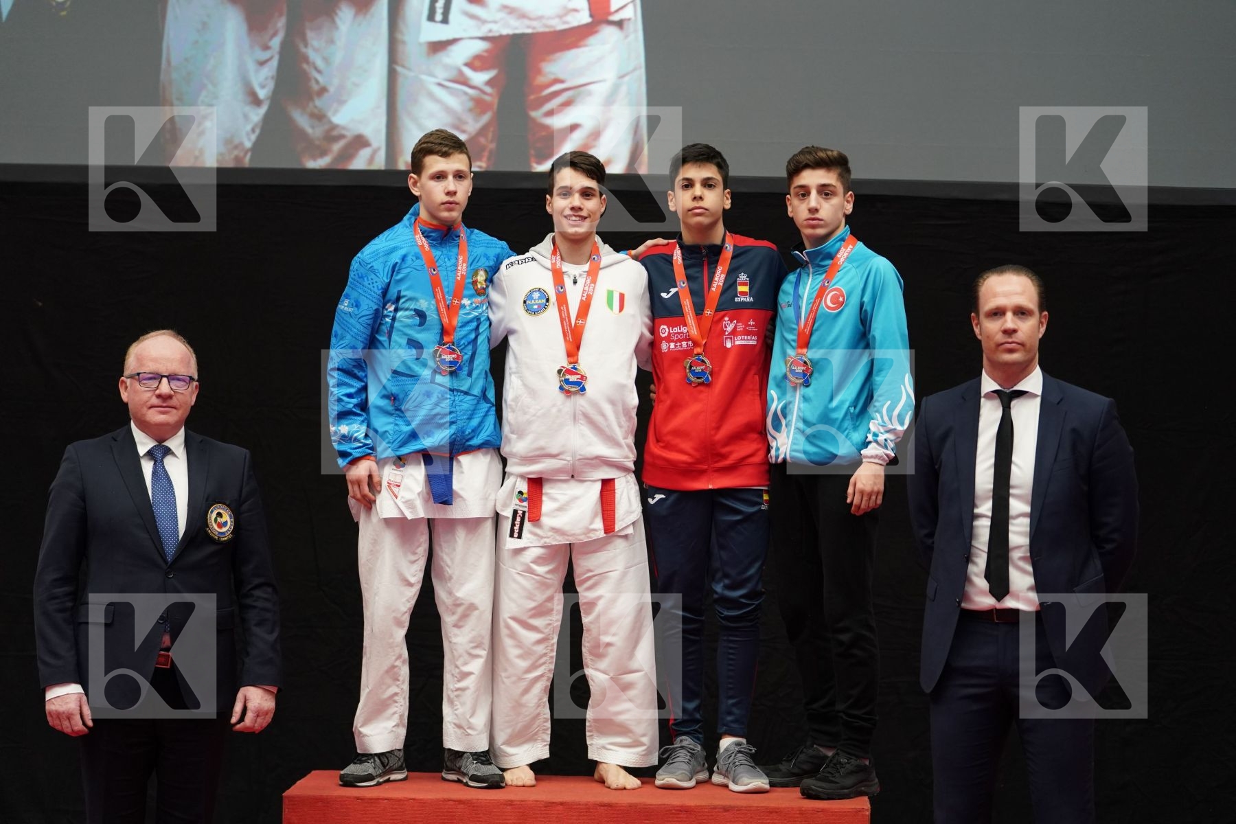 LUCIANO CARMINE (ITALY), RASHETNIK MIKITA (BELARUS), CUERVA MORA VICTOR (SPAIN), OZDEMIR BURAK (TURKEY) in Junior Kumite Male Ð 55 Kg - Podium