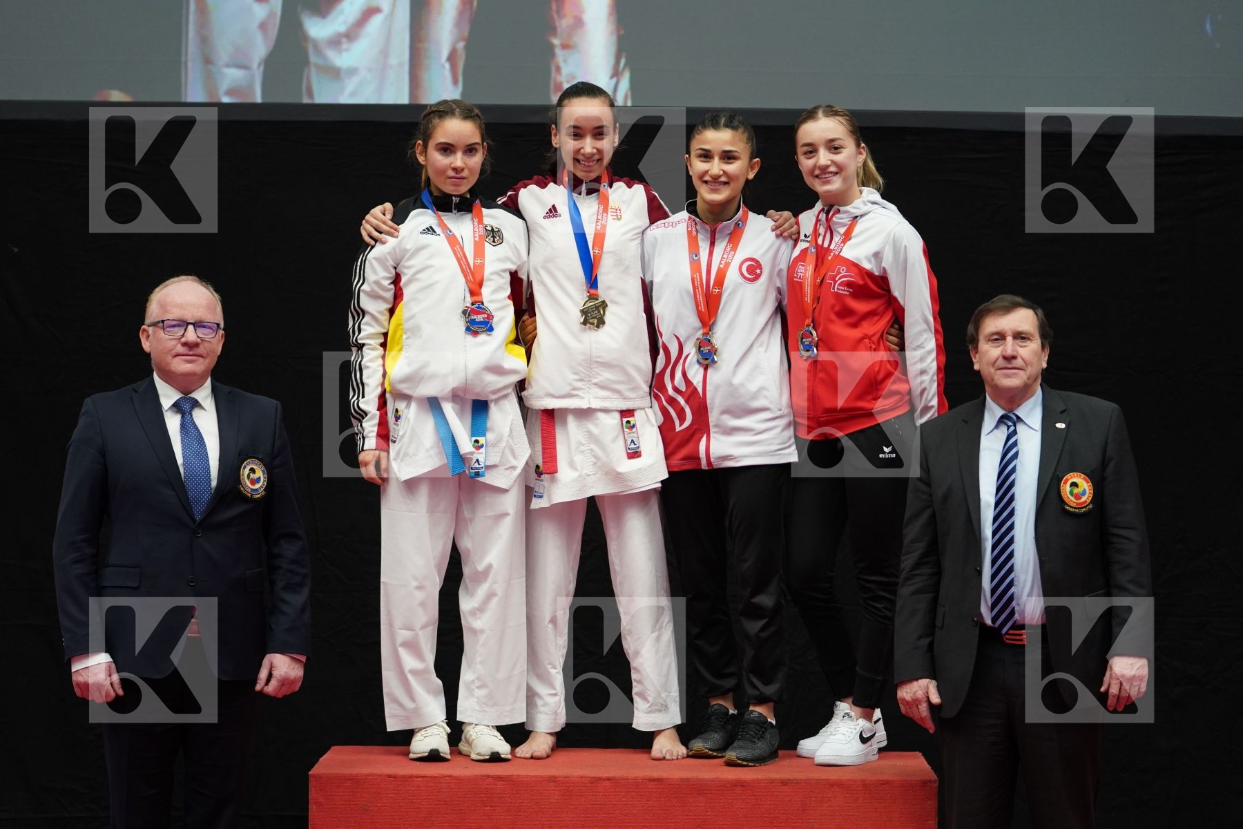 ILANKOVIC ALEKSANDRA (HUNGARY), AUGEL JILL (GERMANY), OCAK DAMLA (TURKEY), VOEGELIN AMELIE (SWITZERLAND) in Junior Kumite Female -53Kg - podium