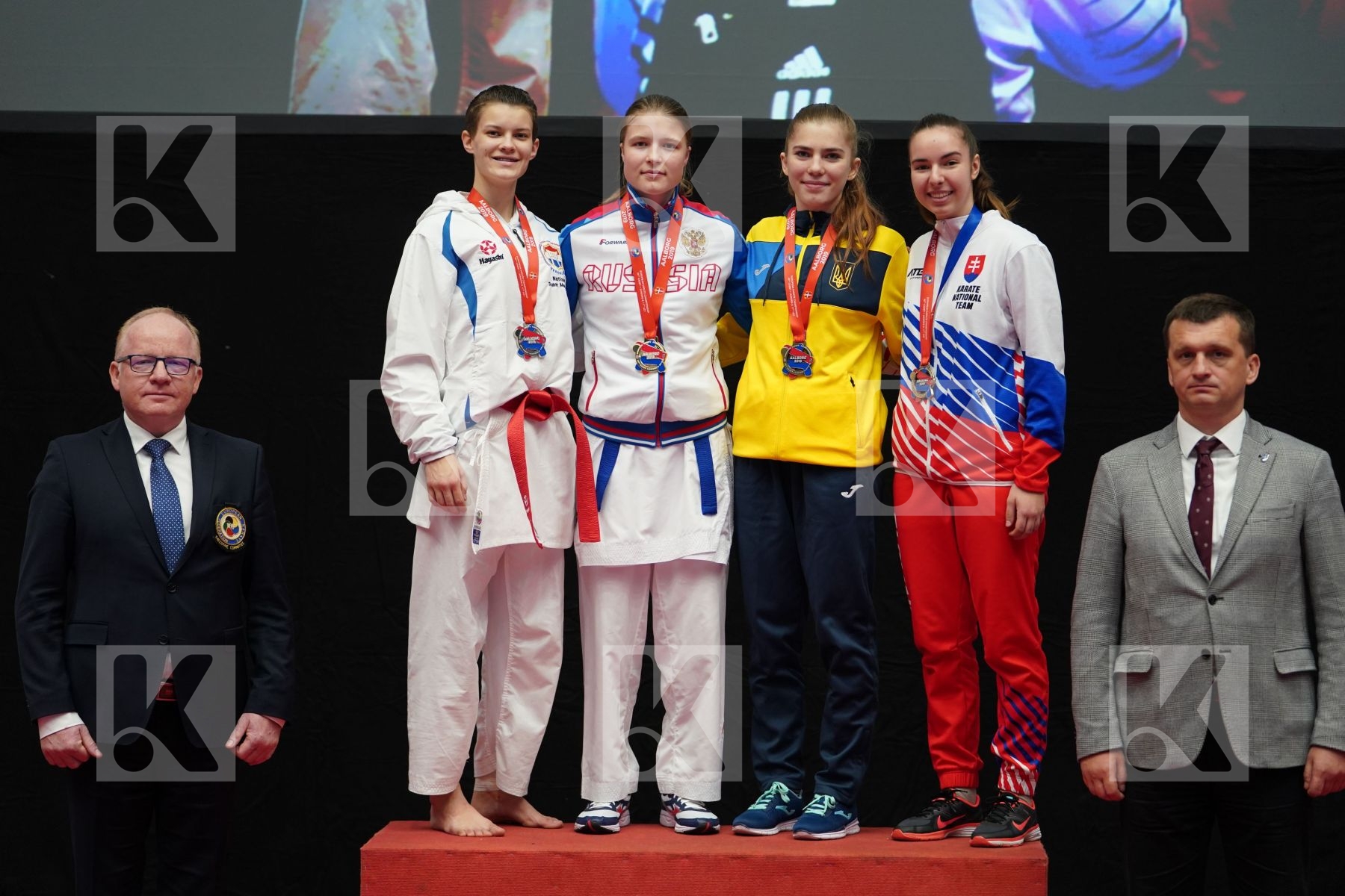 OUDENAARDEN VAN MELISSA (NEDERLANDS), CHERNYSHEVA ANNA (RUSSIAN FEDERATION), PALINKASOVA LAURA (SLOVAKIA), BAZELIUK OKSANA (UKRAINE) in Junior Kumite Female - 59 Kg - podium