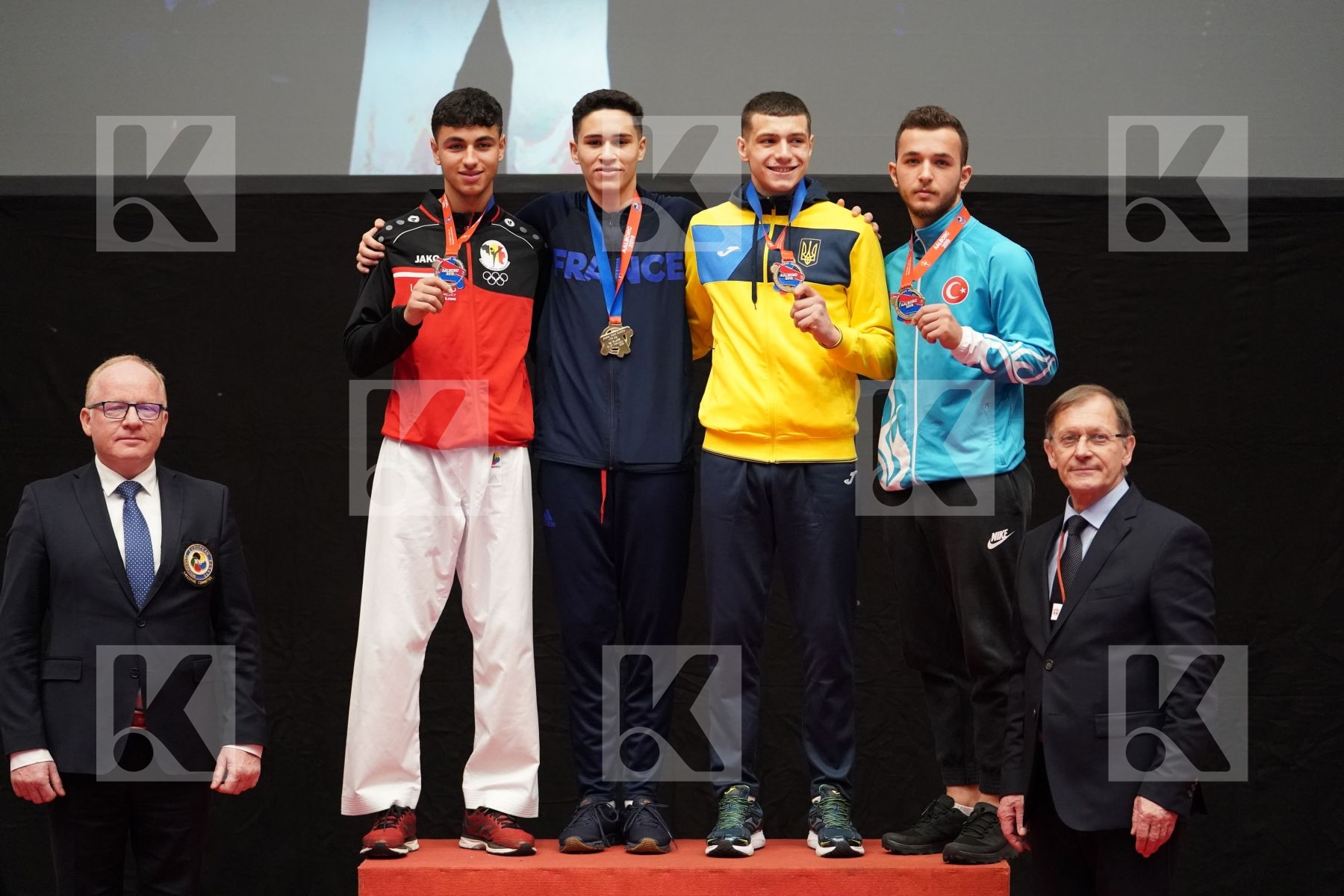 HOUNIFA ILIAS (BELGIUM), ABDESSELEM RAYBAK (FRANCE), ZAPLITNYI ANDRII (UKRAINE), ARSLAN HASAN (TURKEY) in Junior Kumite Male Ð 76 Kg - podium