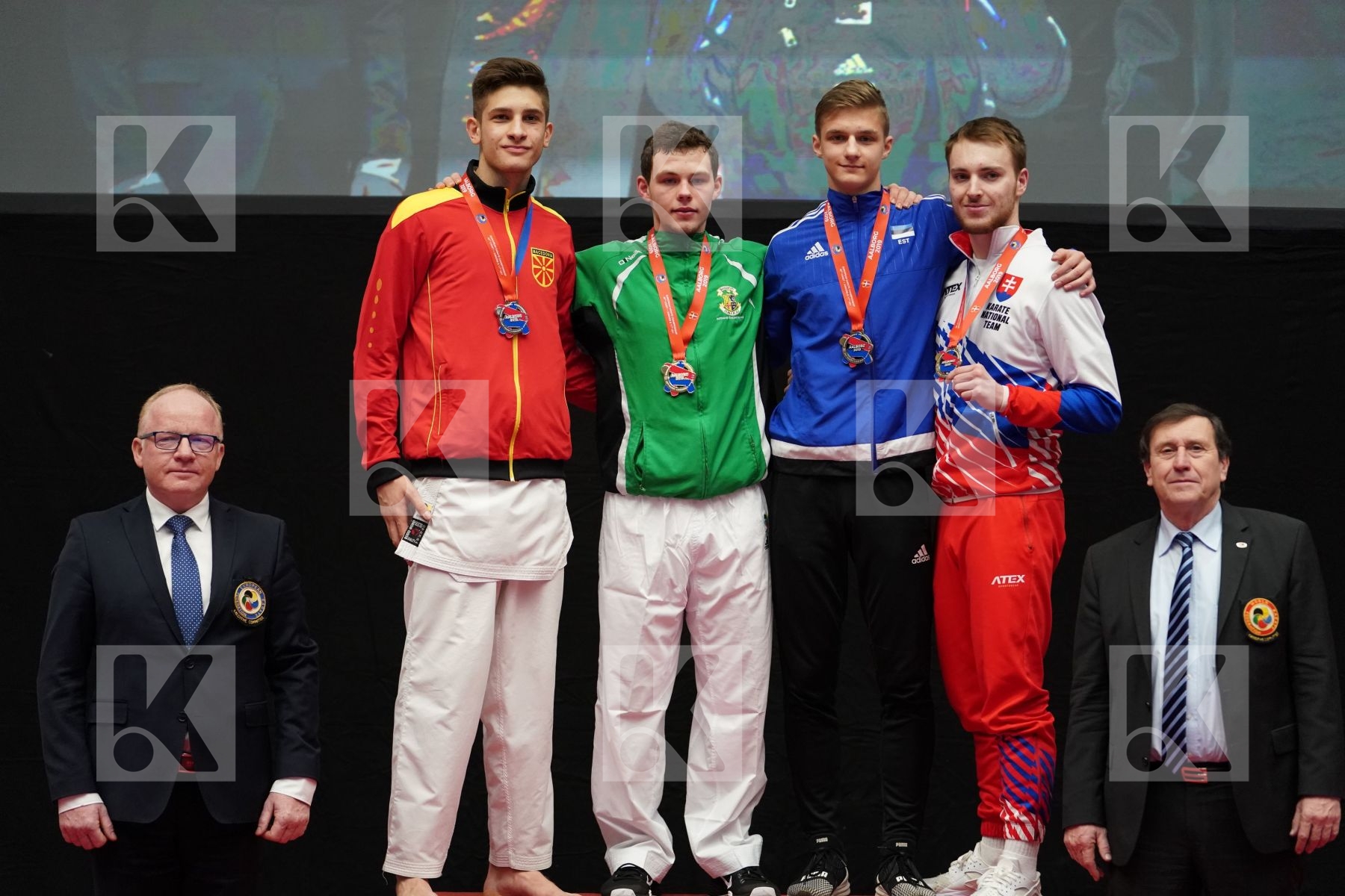 PETKOV GLIGOR (FYR OF MACEDONIA), CREAN CHRISTOPHER MC CARTHY (IRELAND), KOSA TOMAS (SLOVAKIA), BARANOV ALBERT (ESTONIA) in Junior Kumite Male 76+ Kg - podium