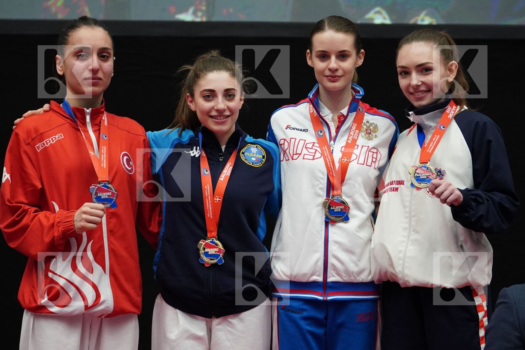 DEMIRTURK GULSEN (TURKEY), MURABITO NICOLE (ITALY), GRDENIC INES (CROATIA), SERGEEVA VALERIYA (RUSSIAN FEDERATION) in Under 21 Kumite Female -50 Kg - podium