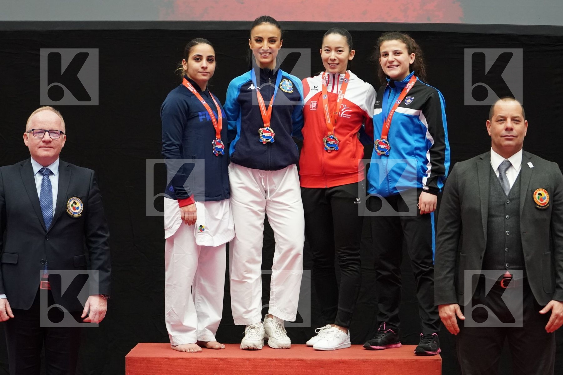 BRUNORI VERONICA (ITALY), HEURTAULT SARA (FRANCE), SCHAERER MAYA (SWITZERLAND), GERVALLA ALBULENA (KOSOVO) in Under 21 Kumite Female -55 Kg - podium