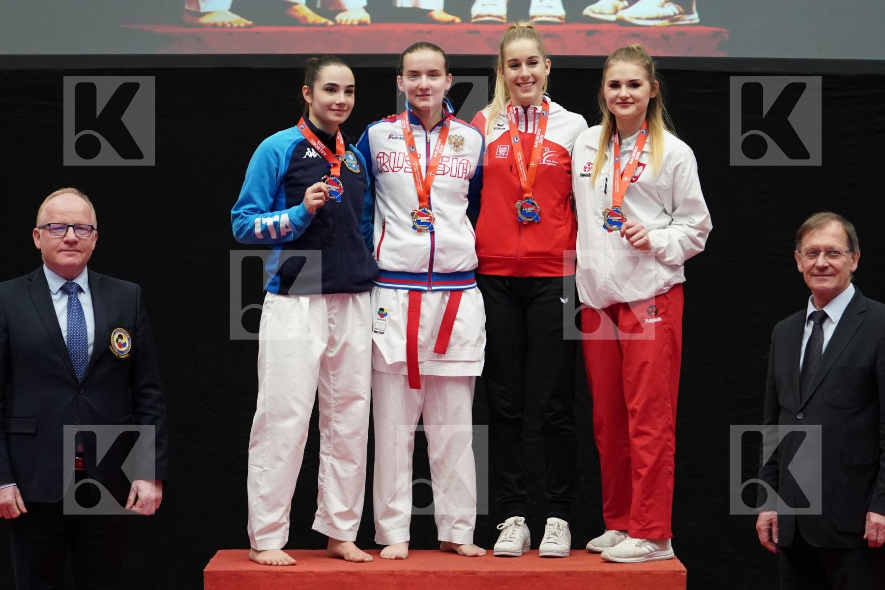 RODINA ANNA (RUSSIAN FEDERATION), MANGIACAPRA ALESSANDRA (ITALY), ELWART SARA (POLAND), RADJENOVIC NINA (SWITZERLAND) in Under 21 Kumite Female -61 Kg - podium
