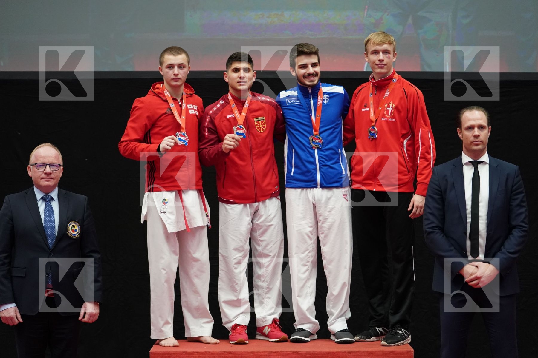 BELYAVSKY NIKITA (GEORGIA), OSMANI DOAN (FYR OF MACEDONIA), RIGAS DIMITRIOS (GREECE), VIBERG LARSEN MADS (DENMARK) in Under 21 Kumite Male -75 Kg - podium