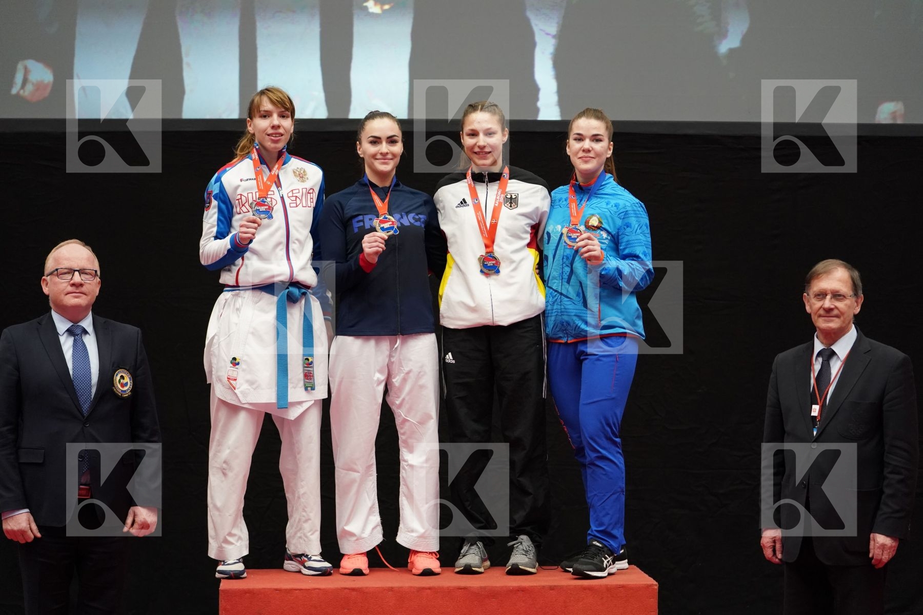 AVAZERI LEA (FRANCE), ISAEVA VICTORIA (RUSSIAN FEDERATION), SCHROETER MADELEINE (GERMANY), ALIAKSEYEVA MARYIA (BELARUS) in Under 21 Kumite Female -68 Kg - podium