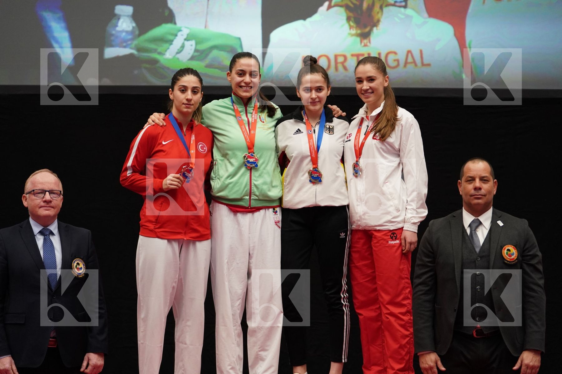 ELTEMUR EDA (TURKEY), OLIVEIRA ANA RITA (PORTUGAL), HARAST KINGA (POLAND), MIMOUNI SARAH LINA (GERMANY) in Under 21 Kumite Female 68+ Kg - podium