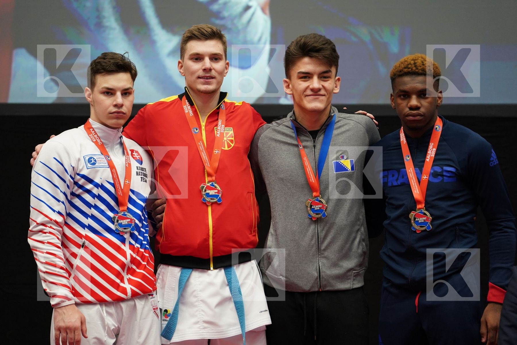 GYURIK ADI (SLOVAKIA), SPASENOVSKI PETAR (FYR OF MACEDONIA), CAJIC HAMZA (BOSNIA AND HERZEGOVINA), RELIFOX MAXIME (FRANCE) in Under 21 Kumite Male -84 Kg - podium