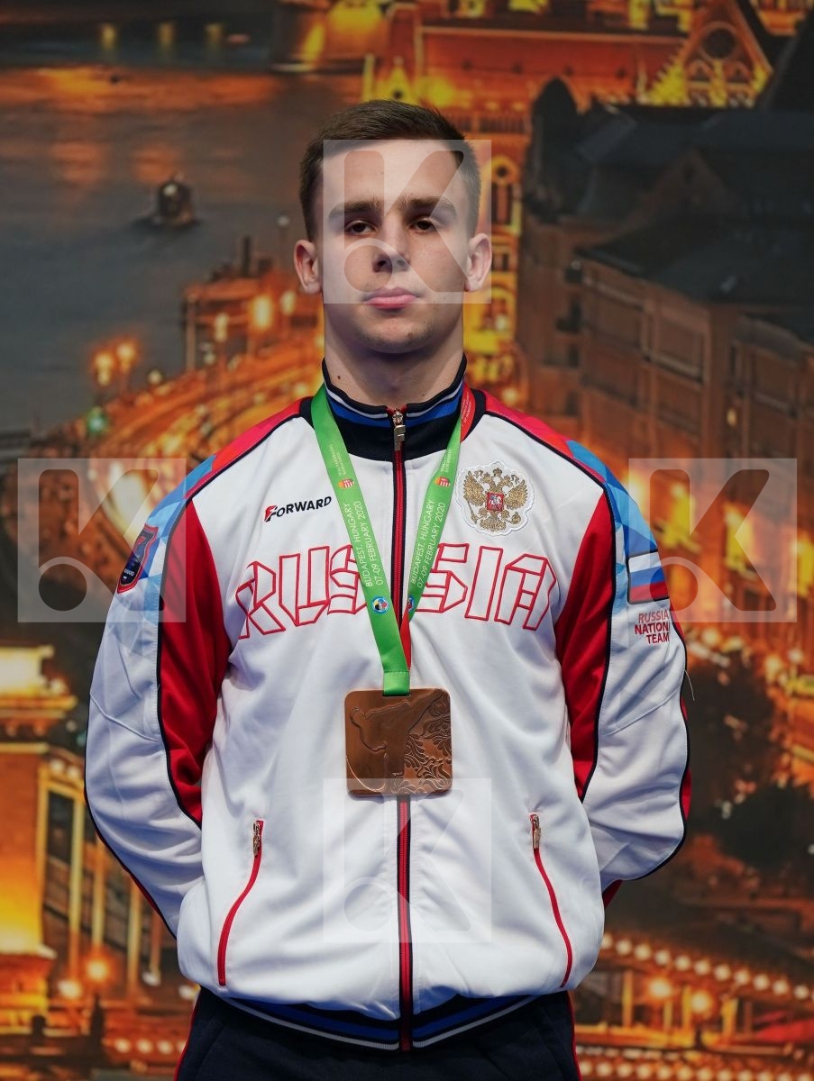 OZDEMIR ENES (TURKEY), STELCL ADAM (SLOVAKIA), BRANTOV DANILA (RUSSIAN FEDERATION), GARCIA CUADRADO OSCAR (SPAIN) in Junior Kata Male - Podium ceremony