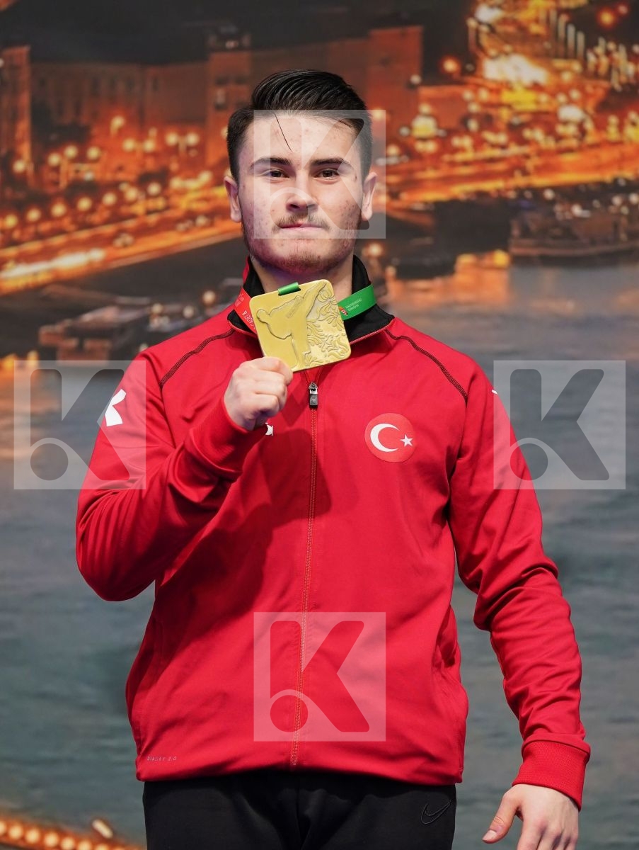 OZDEMIR ENES (TURKEY), STELCL ADAM (SLOVAKIA), BRANTOV DANILA (RUSSIAN FEDERATION), GARCIA CUADRADO OSCAR (SPAIN) in Junior Kata Male - Podium ceremony