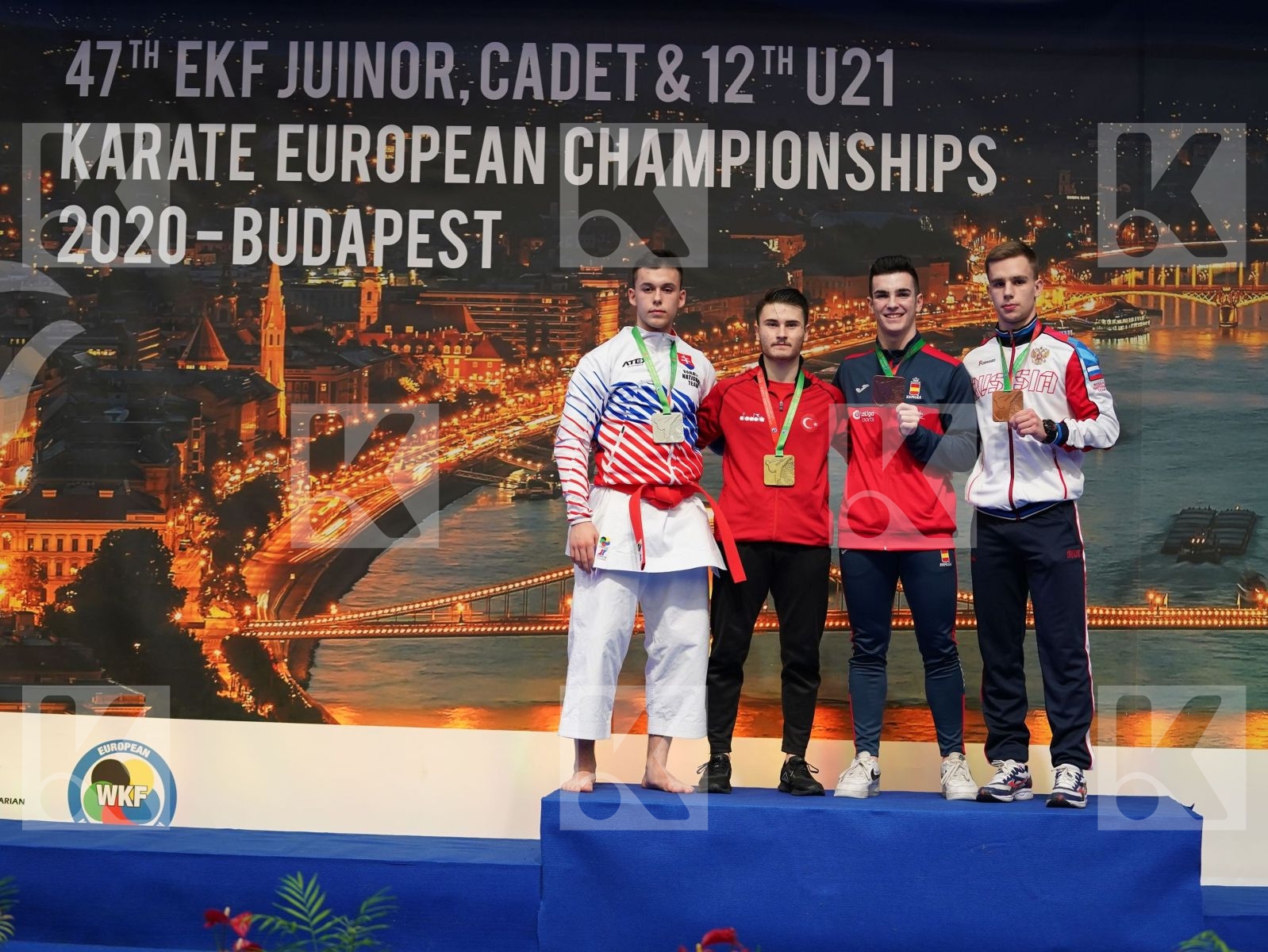 OZDEMIR ENES (TURKEY), STELCL ADAM (SLOVAKIA), BRANTOV DANILA (RUSSIAN FEDERATION), GARCIA CUADRADO OSCAR (SPAIN) in Junior Kata Male - Podium ceremony