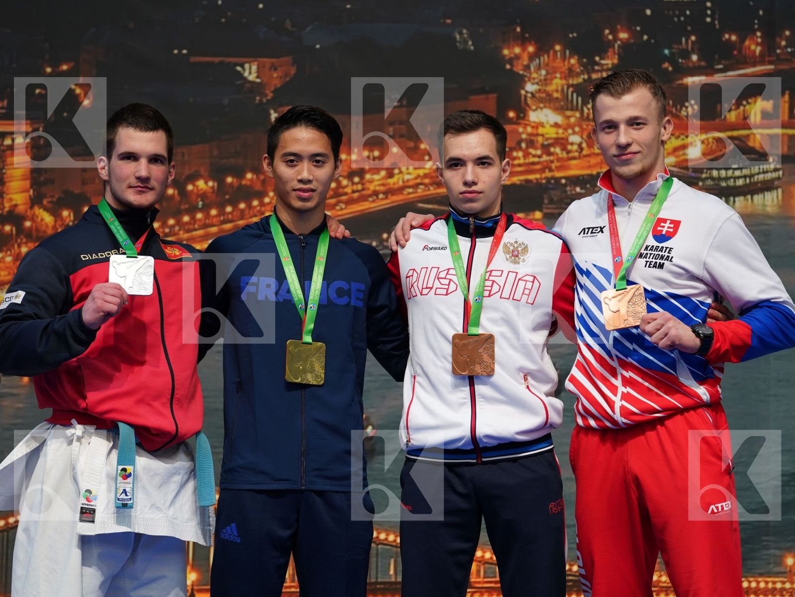 NGOAN FRANCK (FRANCE), MIJAC VLADIMIR (MONTENEGRO), SUTIAGIN KONSTANTIN (RUSSIAN FEDERATION), SMOLIGA JULIAN ENRIK (SLOVAKIA) in Under 21 Kata Male - Podium ceremony