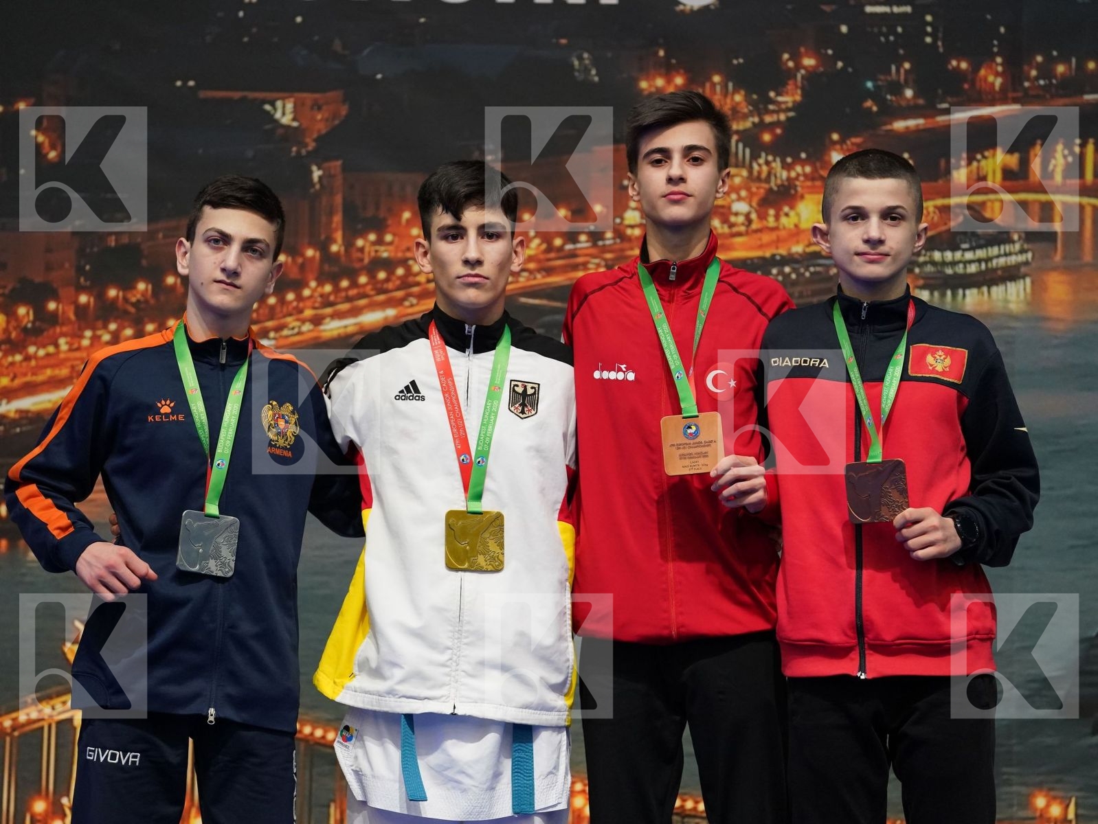 OEZDEMIR MUHAMMED (GERMANY), GHAZARYAN MHER (ARMENIA), HALICI MERT (TURKEY), SALJIU EMRE (MONTENEGRO) in Cadet Kumite Male -52 Kg - Podium ceremony