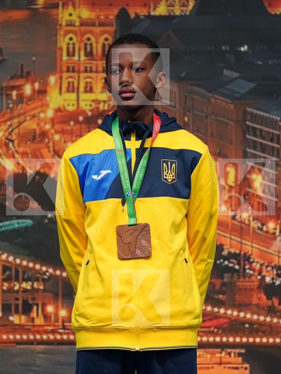 SAVADOV FARID (AZERBAIJAN), DZIUDA DOMINIK (POLAND), RAHOZENKO ERIK (UKRAINE), PONIAVA VALIKO (GEORGIA) in Cadet Kumite Male -57 Kg - Podium ceremony