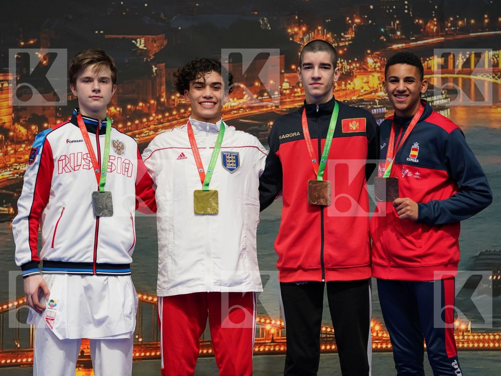 VERAS LUAN (ENGLAND), MUHAMADEEV LEV (RUSSIAN FEDERATION), DANILOVIC ANDRIJA (MONTENEGRO), SHOTTE CABELLO ZSAMORAN (SPAIN) in Cadet Kumite Male -63 Kg - Podium ceremony