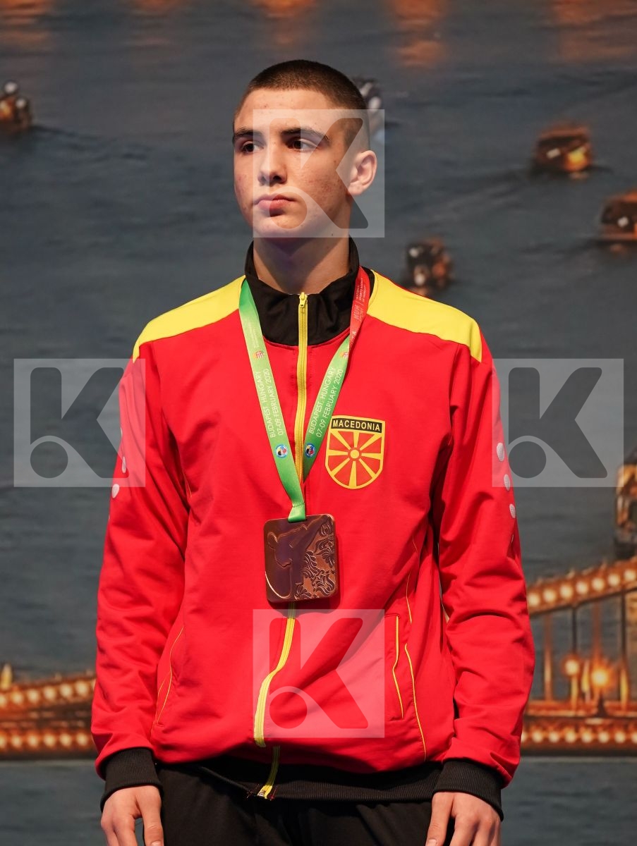 HUSEYNOV SULTAN (AZERBAIJAN), TAMSE NIKLAS (SLOVENIA), PAULA GABRIEL (PORTUGAL), KOSTOV BOJAN (NORTH MACEDONIA) in Junior Kumite Male -55 Kg - Podium ceremony