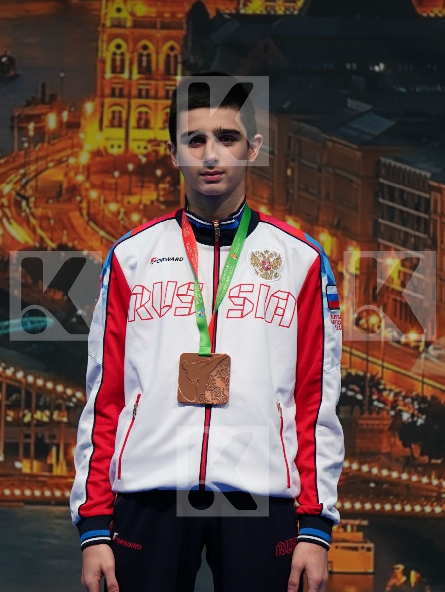 HOTSULIAK OLEKSII (UKRAINE), GARI RYAN (FRANCE), GULIYEV AMINAGHA (AZERBAIJAN), AKHMEDOV AKHMED (RUSSIAN FEDERATION) in Junior Kumite Male -61 Kg - Podium ceremony