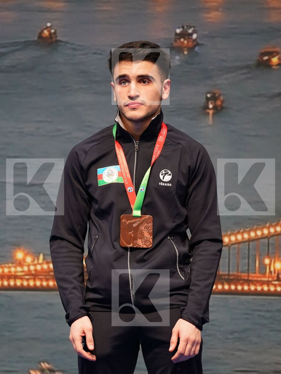 HOTSULIAK OLEKSII (UKRAINE), GARI RYAN (FRANCE), GULIYEV AMINAGHA (AZERBAIJAN), AKHMEDOV AKHMED (RUSSIAN FEDERATION) in Junior Kumite Male -61 Kg - Podium ceremony