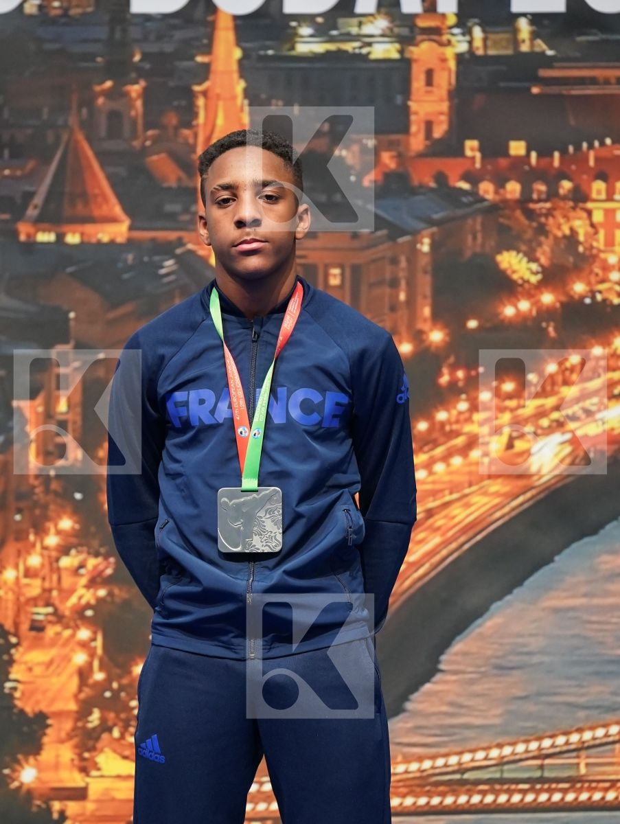 HOTSULIAK OLEKSII (UKRAINE), GARI RYAN (FRANCE), GULIYEV AMINAGHA (AZERBAIJAN), AKHMEDOV AKHMED (RUSSIAN FEDERATION) in Junior Kumite Male -61 Kg - Podium ceremony
