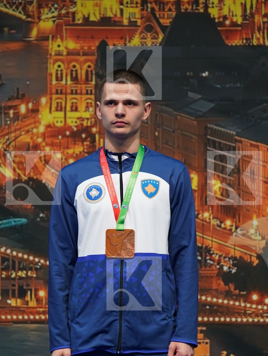 YURUR OMER FARUK (TURKEY), DE VIVO DANIELE (ITALY), MALIQI BETIM (KOSOVO), PESKOV DANIIL (RUSSIAN FEDERATION) in Junior Kumite Male -68 Kg - Podium ceremony