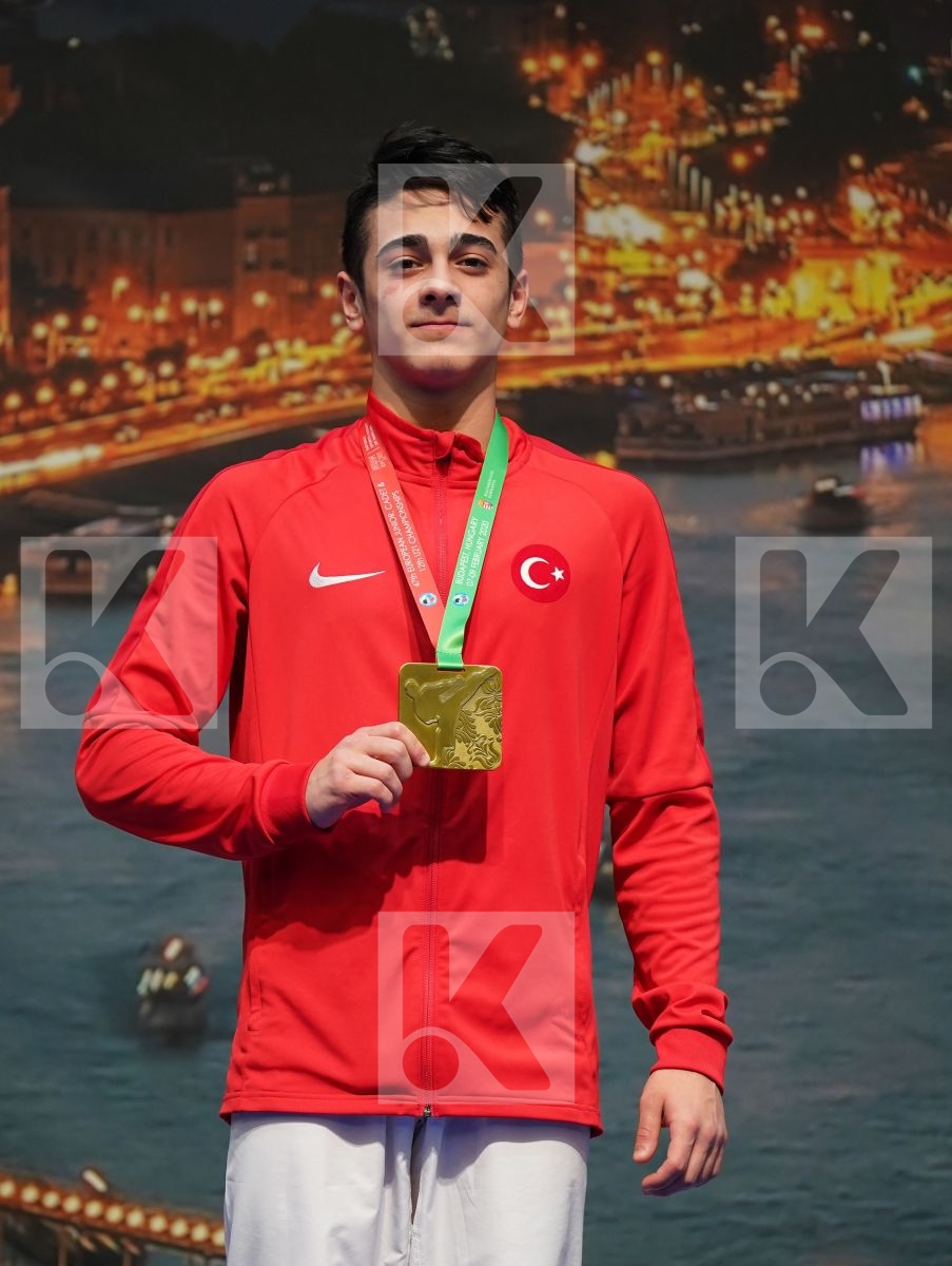 YURUR OMER FARUK (TURKEY), DE VIVO DANIELE (ITALY), MALIQI BETIM (KOSOVO), PESKOV DANIIL (RUSSIAN FEDERATION) in Junior Kumite Male -68 Kg - Podium ceremony