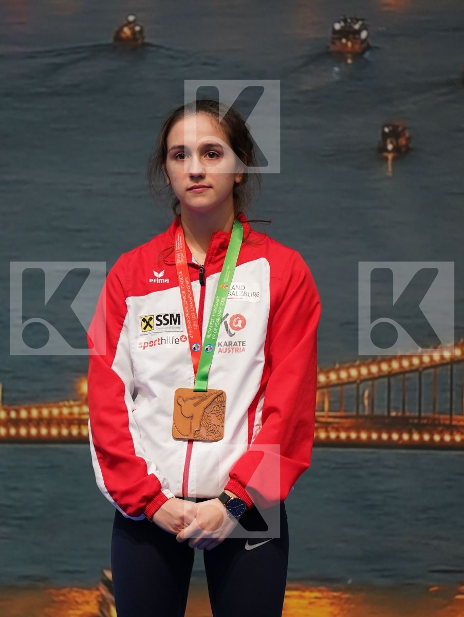 JAKUBOVICS DALMA (HUNGARY), BALIK HAZEL (TURKEY), GRUJIC ALEKSANDRA (AUSTRIA), MATOS CONSTANCA (PORTUGAL) in Junior Kumite Female -48 Kg - Podium ceremony