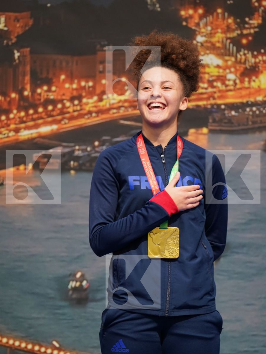 ELISABETH EMMA MARIE (FRANCE), RZAZADE AYLA (AZERBAIJAN), DEVIGILI HANNA (AUSTRIA), BAZELIUK OKSANA (UKRAINE) in Junior Kumite Female -59 Kg - Podium ceremony