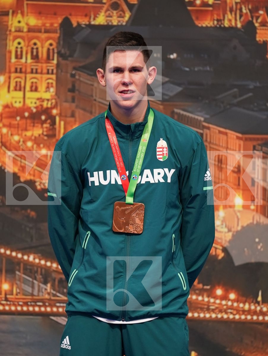 OSMANLI OSMAN (AZERBAIJAN), TANAS FLORENTIN (ROMANIA), HAIKO MIKITA (BELARUS), DVORAK ADAM (HUNGARY) in Junior Kumite Male 76+ Kg - Podium ceremony