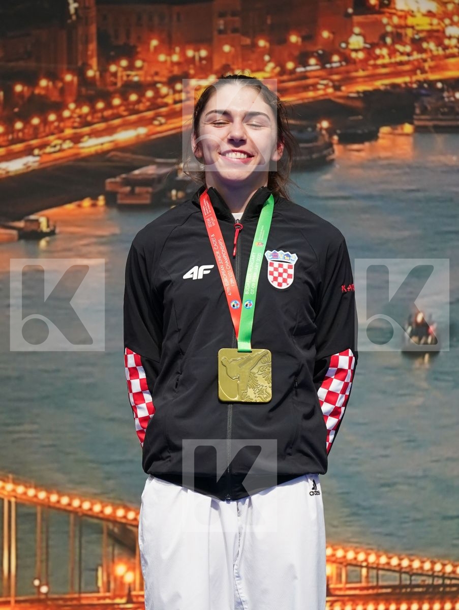 PEHAR JELENA (CROATIA), RODRIGUES CATARINA (PORTUGAL), GENCER ALEYNA (GERMANY), TEYMUROVA FIDAN (AZERBAIJAN) in Under 21 Kumite Female -50 Kg - Podium ceremony