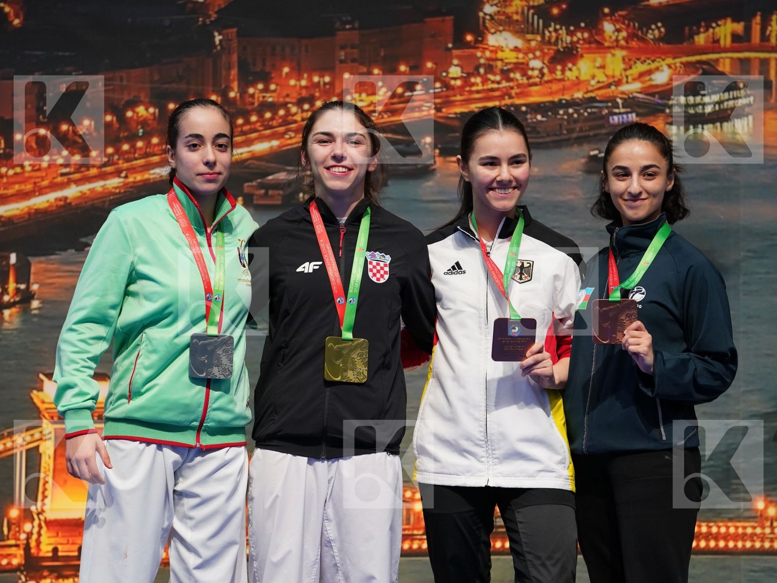 PEHAR JELENA (CROATIA), RODRIGUES CATARINA (PORTUGAL), GENCER ALEYNA (GERMANY), TEYMUROVA FIDAN (AZERBAIJAN) in Under 21 Kumite Female -50 Kg - Podium ceremony