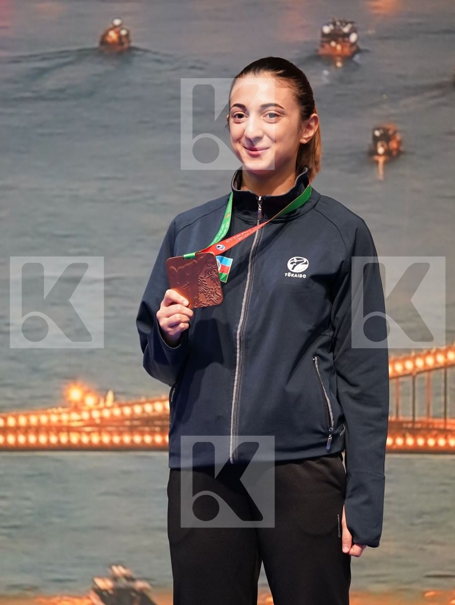BARANYI ZSOFIA (HUNGARY), CHERNYSHEVA ANNA (RUSSIAN FEDERATION), SADIGOVA MADINA (AZERBAIJAN), GERVALLA ALBULENA (KOSOVO) in Under 21 Kumite Female -55 Kg - Podium ceremony
