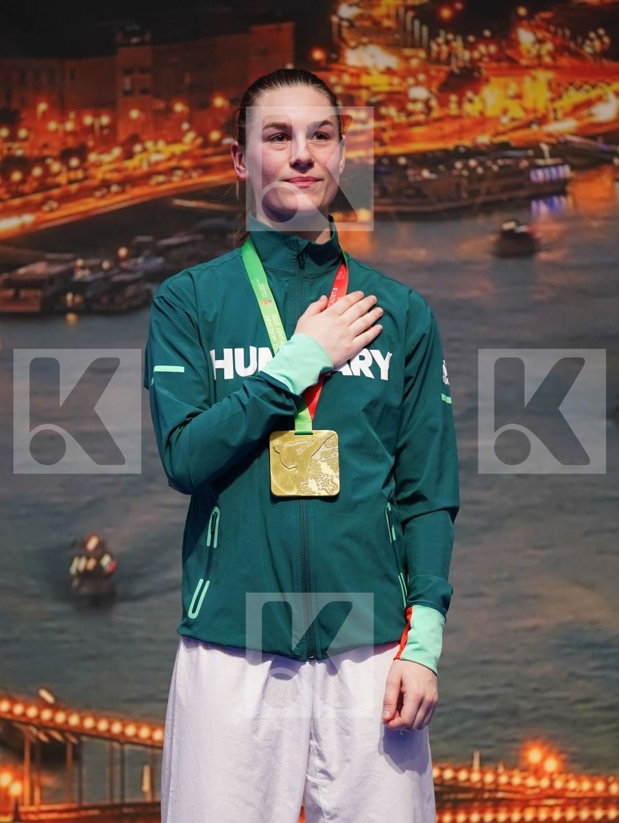 BARANYI ZSOFIA (HUNGARY), CHERNYSHEVA ANNA (RUSSIAN FEDERATION), SADIGOVA MADINA (AZERBAIJAN), GERVALLA ALBULENA (KOSOVO) in Under 21 Kumite Female -55 Kg - Podium ceremony