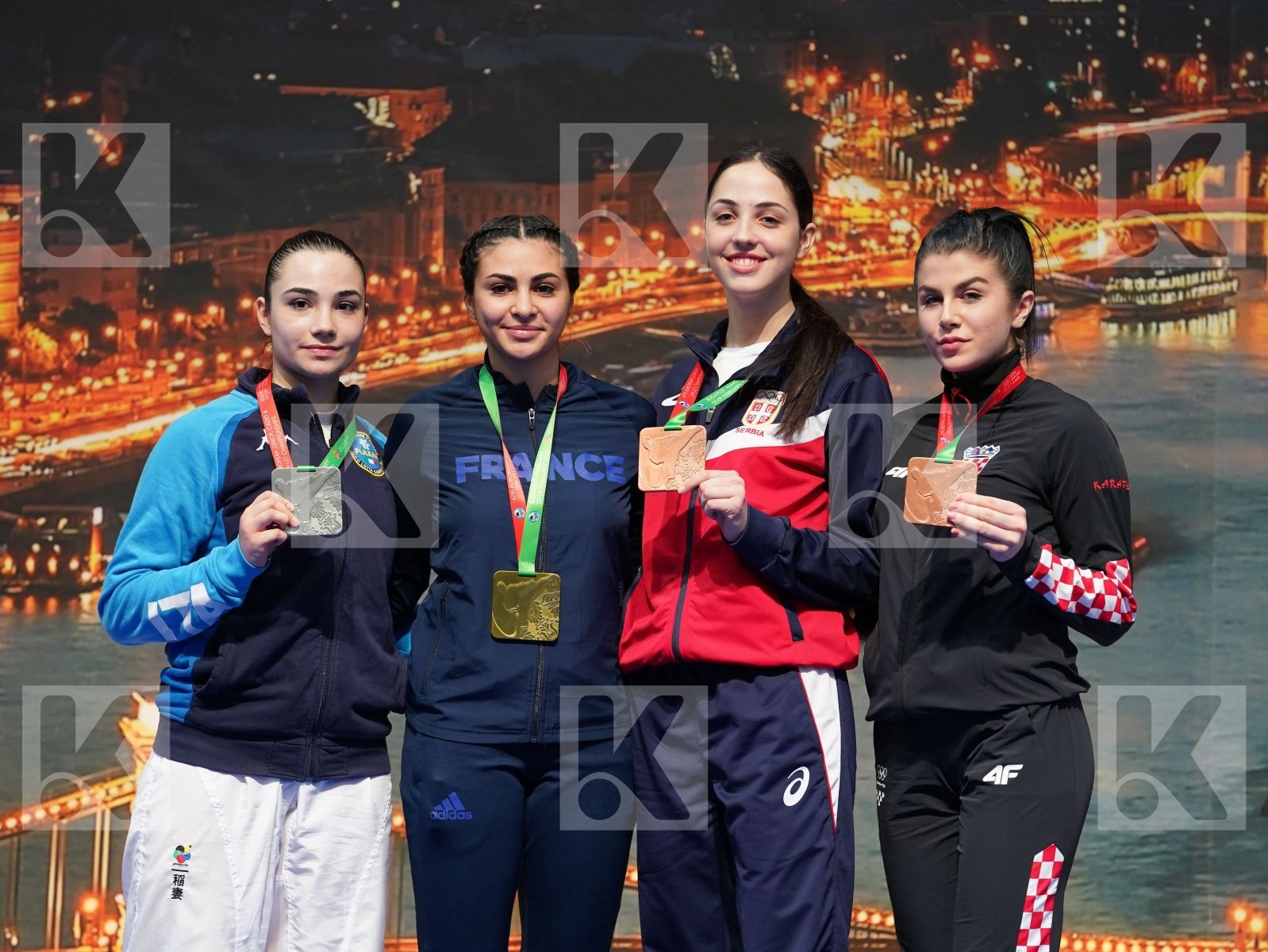 OUKHATTOU ASSIA (FRANCE), MANGIACAPRA ALESSANDRA (ITALY), PEROVIC IVANA (SERBIA), FUCIK LAURA (CROATIA) in Under 21 Kumite Female -61 Kg - Podium ceremony