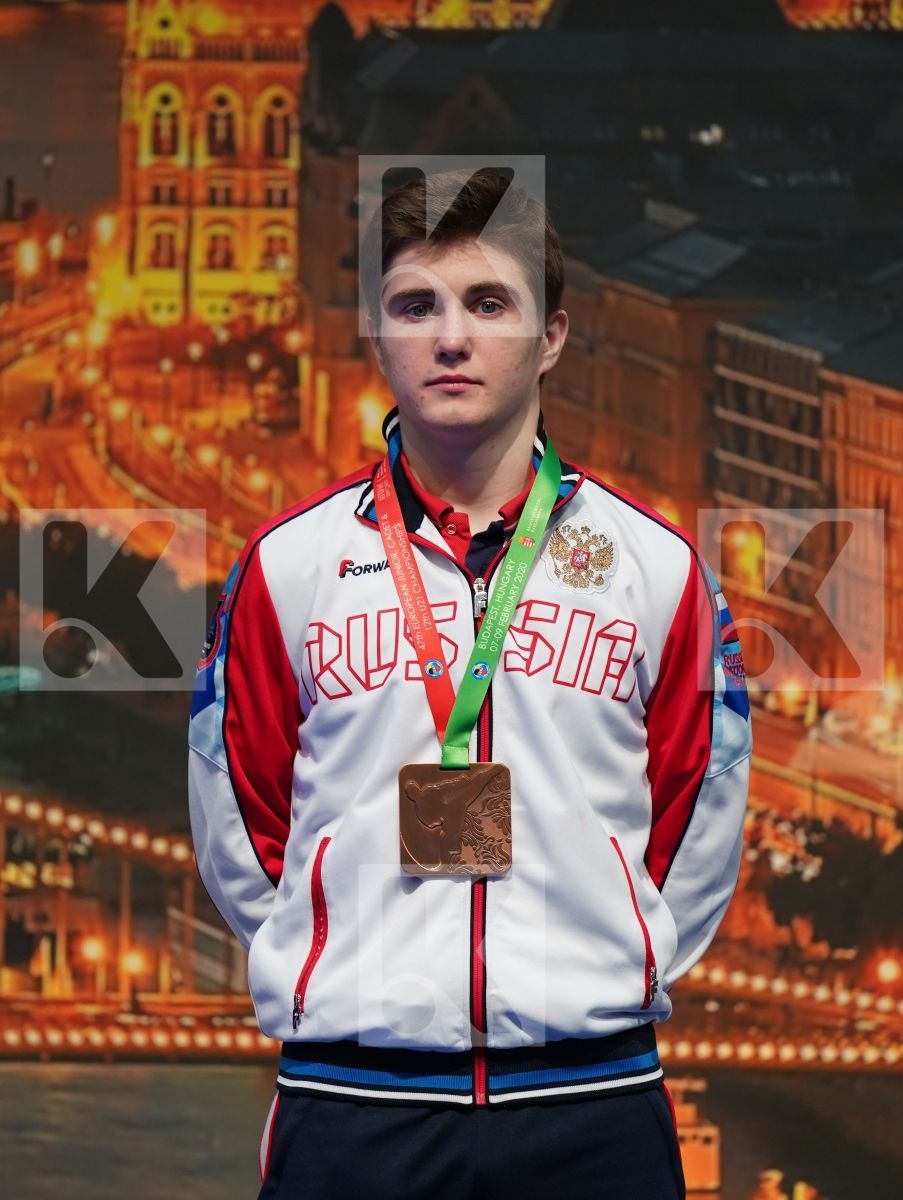 ATES OMER FARUK (TURKEY), XENOS CHRISTOS-STEFANOS (GREECE), SAVIN ILIA (RUSSIAN FEDERATION), BERTHON ENZO (FRANCE) in Under 21 Kumite Male -60 Kg - Podium ceremony