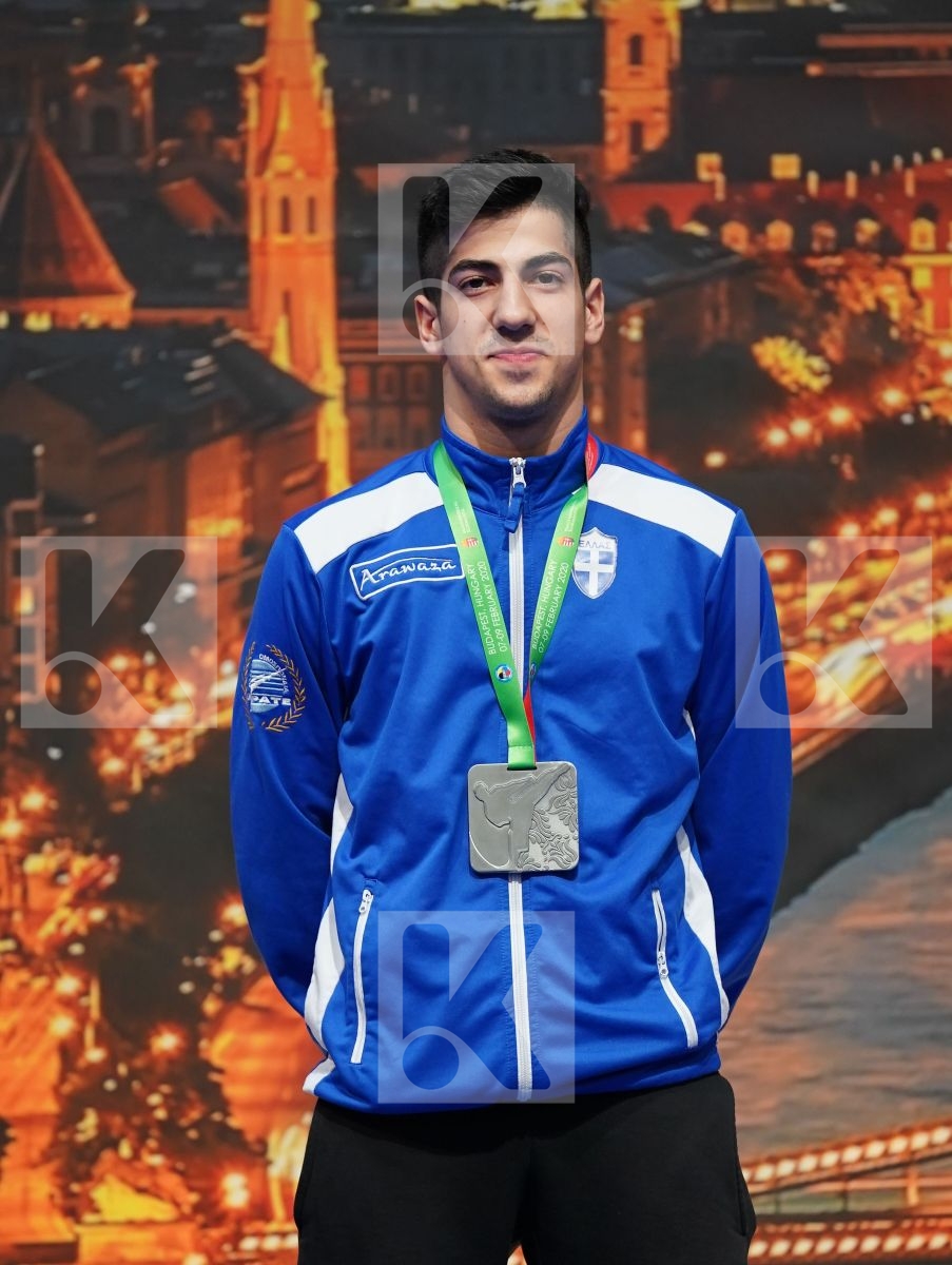 ATES OMER FARUK (TURKEY), XENOS CHRISTOS-STEFANOS (GREECE), SAVIN ILIA (RUSSIAN FEDERATION), BERTHON ENZO (FRANCE) in Under 21 Kumite Male -60 Kg - Podium ceremony