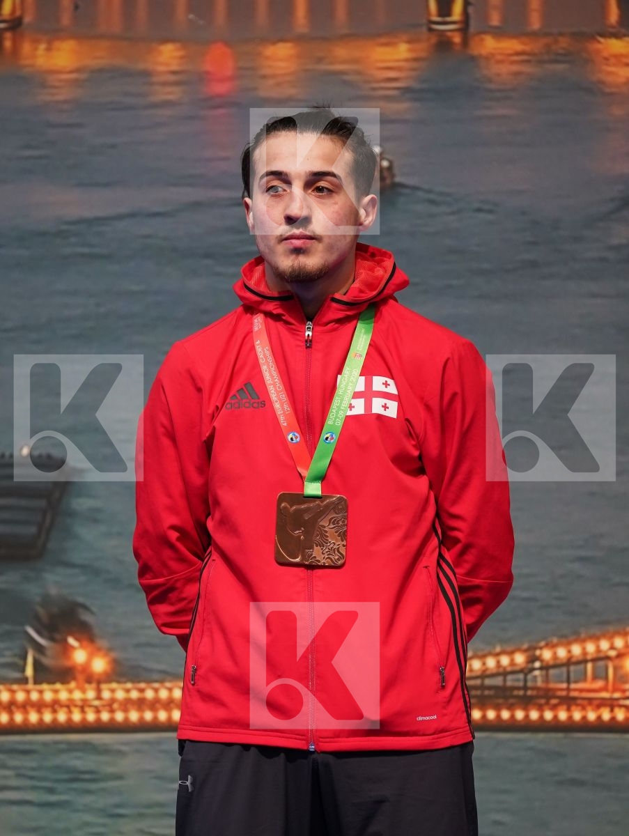 ALMEIDA TIAGO (PORTUGAL), NIELSEN CHRISTOFFER (DENMARK), GIORGADZE ZURAB (GEORGIA), MAMEDOV ASIMAN (RUSSIAN FEDERATION) in Under 21 Kumite Male -75 Kg - Podium ceremony