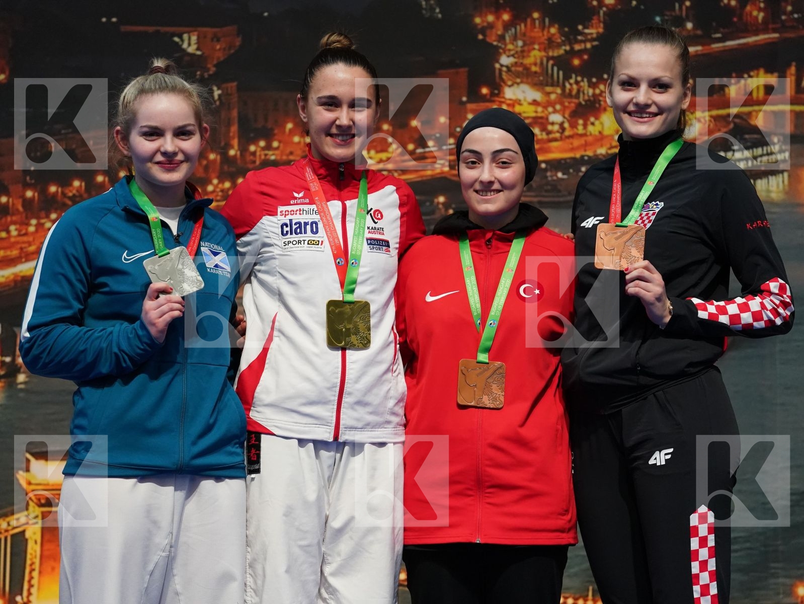 ZILLER LORA (AUSTRIA), JUNNER NIAMH (SCOTLAND), SENTURK RABIA (TURKEY), LESJAK LUCIJA (CROATIA) in Under 21 Kumite Female 68+ Kg - Podium ceremony