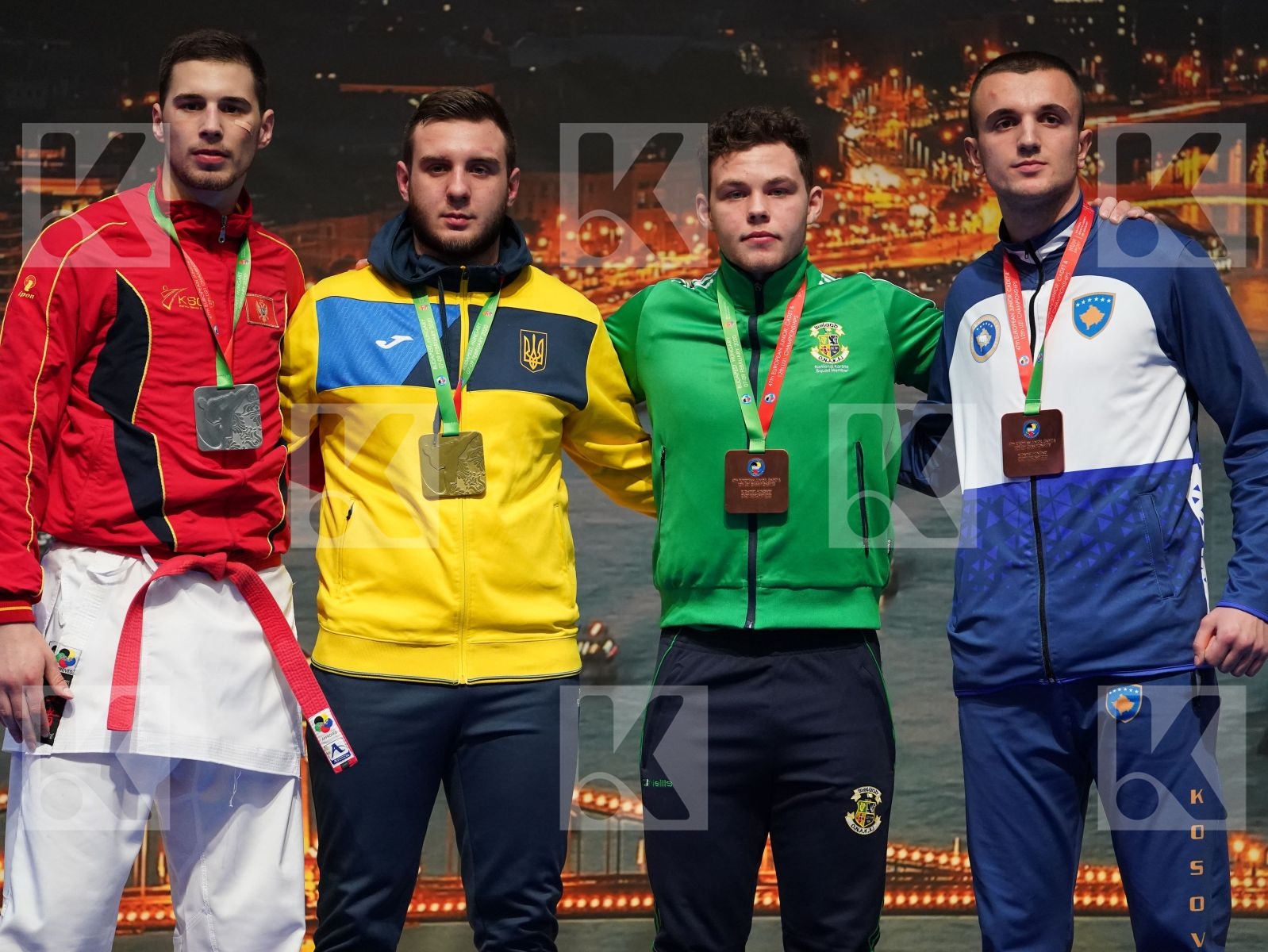 LAHUNOV IHOR (UKRAINE), SMOLOVIC PREDRAG (MONTENEGRO), SHABANI BENJAMIN (KOSOVO), CREAN CHRISTOPHER MC CARTHY (IRELAND) in Under 21 Kumite Male 84+ Kg - Podium ceremony