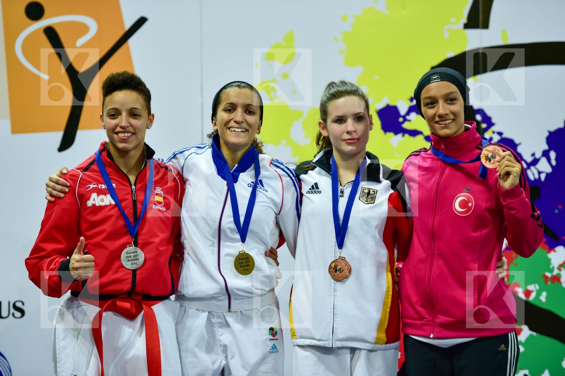 Photo taken during podium of European Cadet, Junior & U21 champi