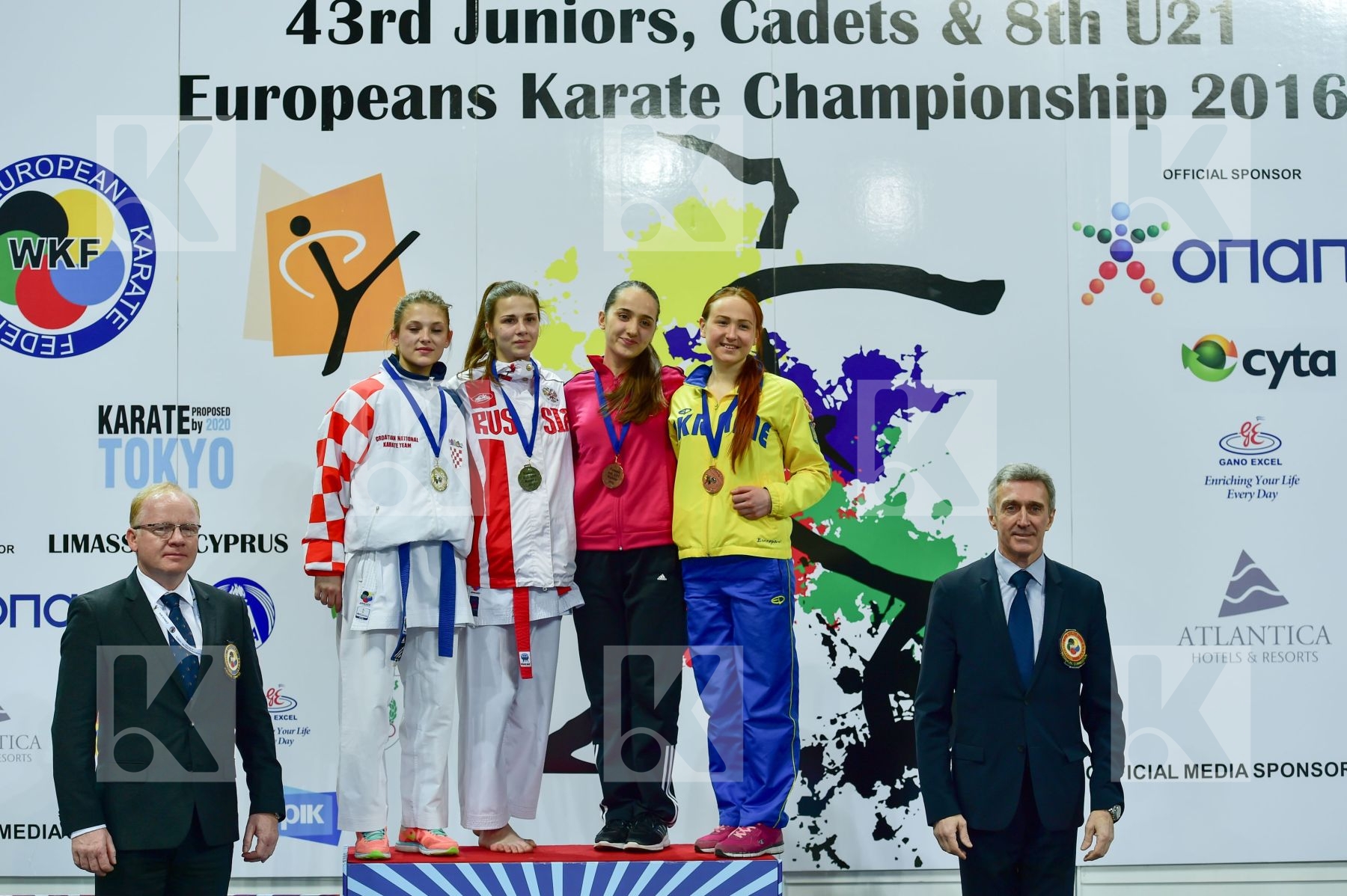 Photo taken during podium of European Cadet, Junior & U21 champi